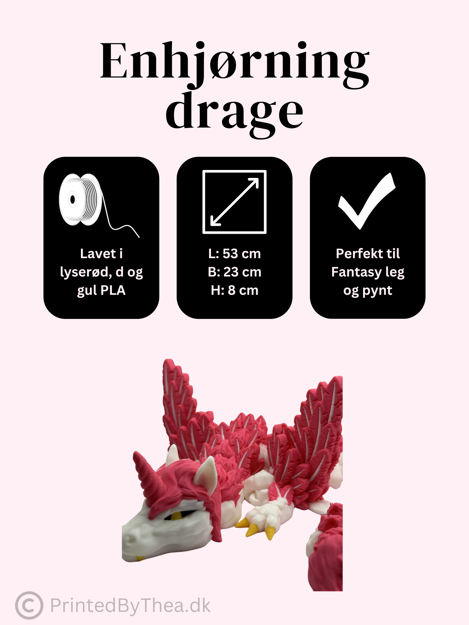 Enhjørning drage i lyserød, hvid og gul