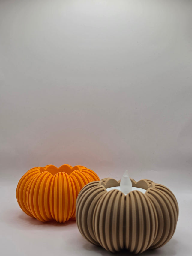 Orange 3D-printet græskar lysestage til LED-fyrfadslys – 8 cm
